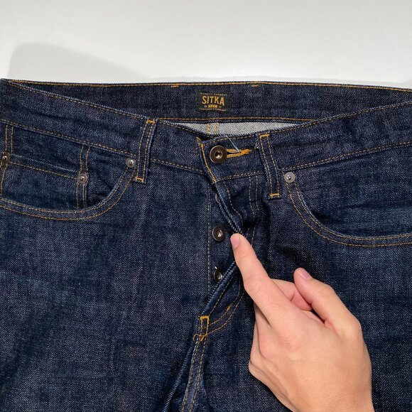 Sitka Straight Leg Button Fly Raw Denim Selvedge Jeans Blue men's size 33x34 - Picture 3 of 10